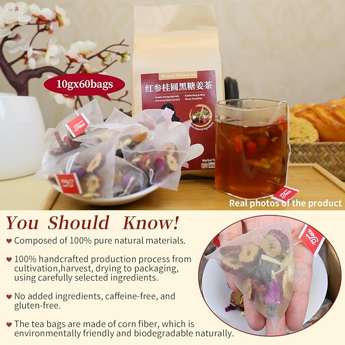 Baihuatang Brown Sugar Red Ginseng Ginger Tea 60 Bags (21oz) with Red GinsengLongan black sugar red dates goji berries rose flowers gingerCaffeine Free Warm Beverage