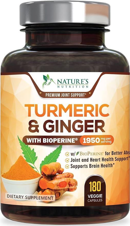Turmeric Curcumin Supplement - 95% Curcuminoids with Organic Turmeric &amp Ginger BioPerine Black Pepper Extract for Best Absorption Natural Vegan Joint Support Non-GMO Bottled in USA - 180 Capsu