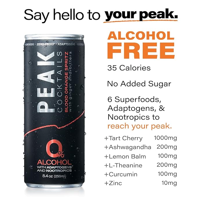 Peak Cocktails Non-Alcoholic Cocktail | Adaptogens Nootropics Superfoods for Calm Recovery and Sleep | Ashwagandha Tart Cherry L-Theanine | Mixologist-crafted | 8.4 oz 48-Pack