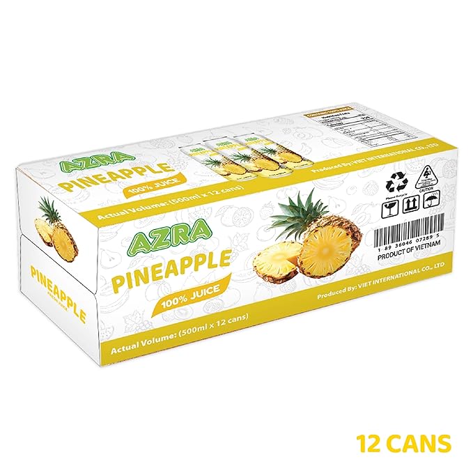 AZRA 100% Pineapple Juice – Fresh Organic Pineapple Taste in 500ml Cans – Zero Sugar Drinks Healthy Beverages Variety Pack for Kids and Adults – Bulk 100% Juice 12 Pack