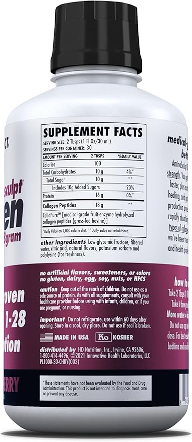 HEALTH DIRECT – AminoSculpt Liquid Collagen – 30 Fl Oz – 18 Grams of Premium Medical-Grade Collagen Liquid for Women – Stevia Free – Original Cherry