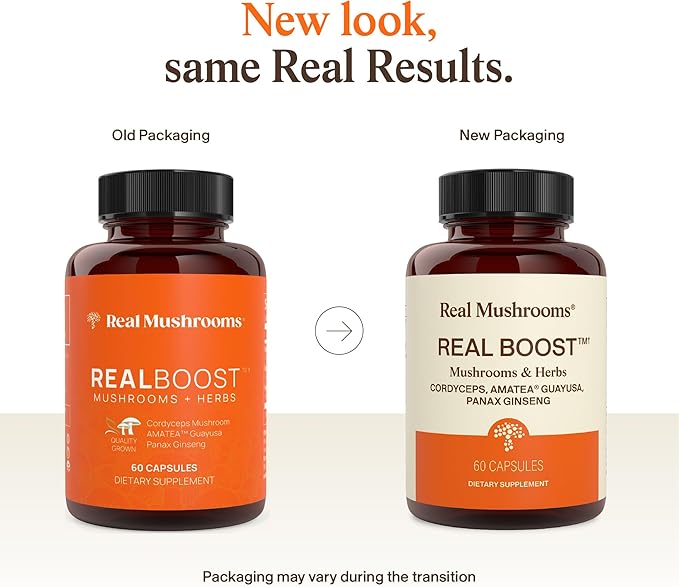 Real Mushrooms RealBoost Capsules – Cordyceps Mushroom Panax Ginseng &amp Guayusa Extract – for Overall Wellness &amp Energy Support – Vegan Non-GMO No Fillers – 60 Count Mushroom Supplement Blen