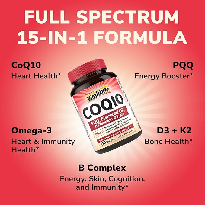 CoQ10 200mg Ubiquinone with PQQ Folate Niacin K2 D3 Black Pepper Powerful Antioxidant Energy Booster 120 Softgels and Bovine Collagen Peptides Powder for Women and Men 8oz