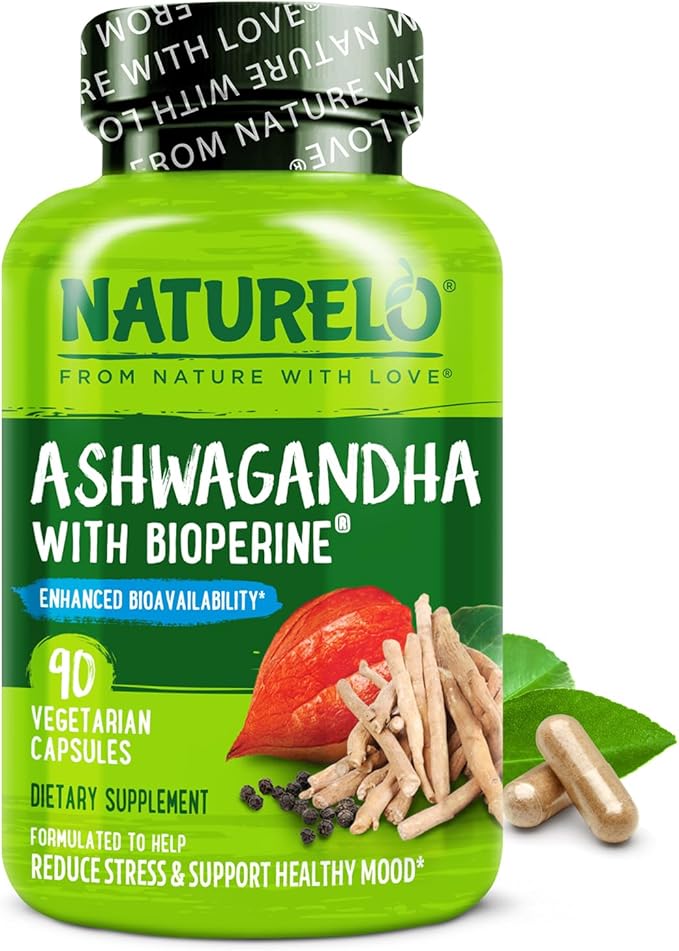 NATURELO Ashwagandha Organic Root Powder - Natural Herbs Supplement for Fatigue Stress Relief Mood Enhancer - with Black Pepper Extract - 90 Vegan Capsules