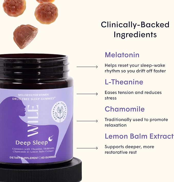WILE Deep Sleep Gummies Natural Sleep Aid with Melatonin Theanine Chamomile 60 Count