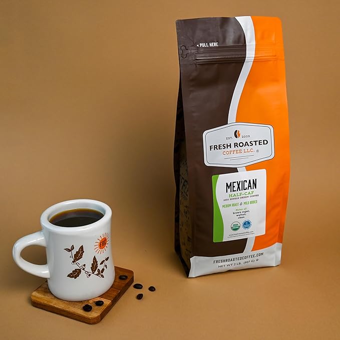Fresh Roasted Coffee Organic Mexican Water-Processed Half-Caf | USDA Organic Kosher | Medium Roast 2 lb (32 oz) Ground