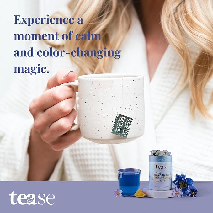 Tease Tea Butterfly Pea Tea - Blissfully Blue Stress Relief Herbal Tea Caffeine Free Tea Made with Butterfly Blue Pea Flowers and Ashwagandha Roots for a Moment of Calm and a Touch of Magic