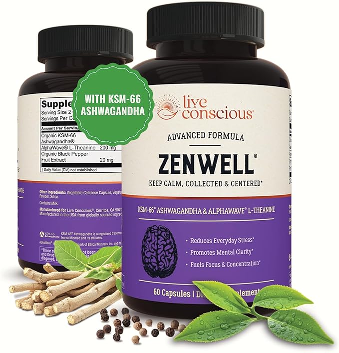 Live Conscious KSM-66 Ashwagandha Supplement w/L Theanine &amp AlphaWave - ZenWell Everyday Stress Relief Cognitive Brain Health - Ashwagandha for Men &amp Women - 60 Capsules