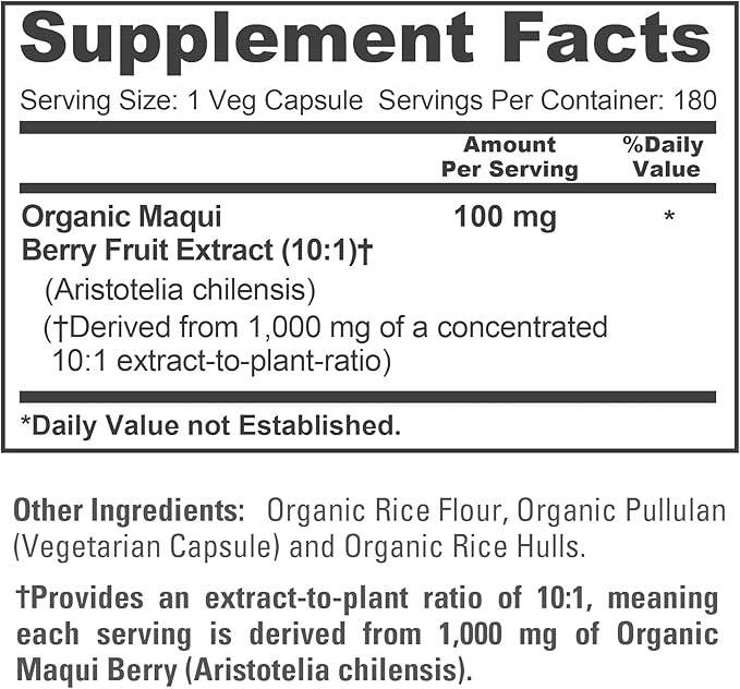 NusaPure USDA Organic Maqui Berry 10:1 Extract 100 mg Equivalent to 1000 mg 180 Veg Caps Suitable for Vegetarians and Vegans Non-GMO