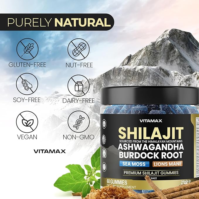 Pure Shilajit Gummies Sea Moss Ashwagandha 105+ Trace Minerals – Organic Burdock Root &amp Lions Mane Mushroom - Blue Razz – Vegan &amp Non-GMO – Made in USA – 60ct