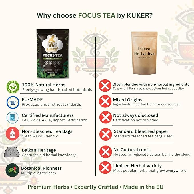 KUKER Focus Tea Loose Leaf 100g – Ashwagandha Brain Boost Herbal Mix with Green Tea Brahmi Ashwagandha &amp Rosemary – Natural Nootropic for Mental Clarity &amp Concentration