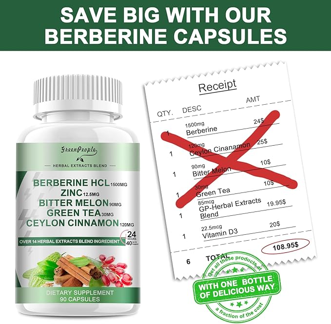 GREENPEOPLE Berberine Supplement with Ceylon Cinnamon - Berberine 1500mg Activates AMPK &amp GLP-1 Berberine HCL Capsules with Bitter Melon/Artichoke Extracts &amp Natural Herbs for Immune Support 9