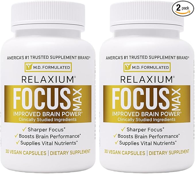 Relaxium FocusMax Brain &amp Focus Health Supplement Mental Clarity Support Proven Concentration Focus Memory &amp Nootropics Booster USA-Manufactured 30 Vegan Capsules (Pack of 2)