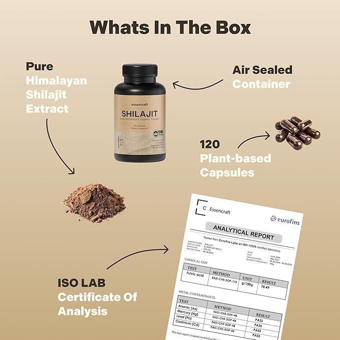 Organic Himalayan Shilajit Resin Extract - 1000mg Max Potency Lab Tested Pure Shilajit for Men &amp Women 85+ Trace Minerals Fulvic Acid Immune Support Energy Cognition 2 Month Supply 120 Caps