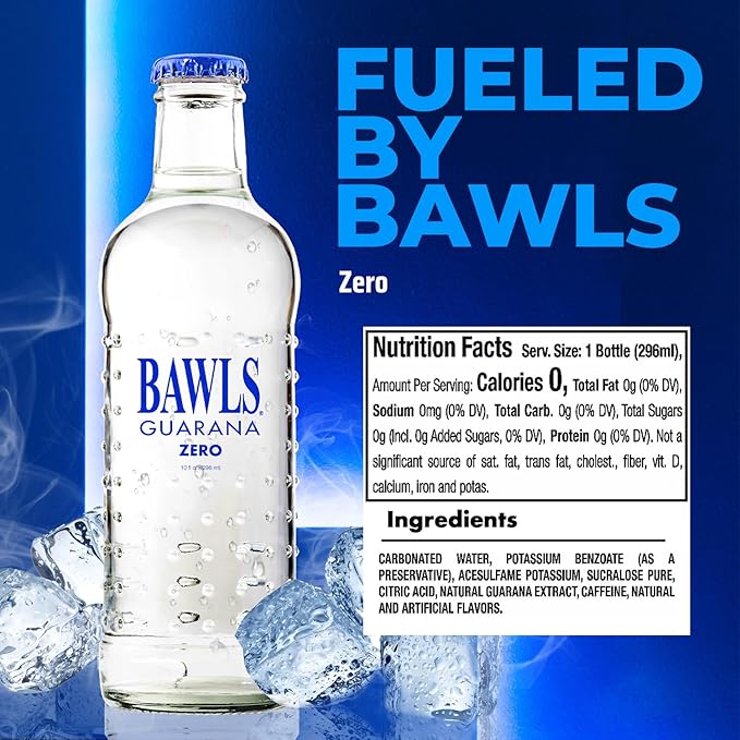 BAWLS Guarana Zero BAWLS Guarana Drink Guarana Soda Guarana Fueled Soda for Energy High Energy Caffeinated Drink 10oz 12 Pack Glass Bottles