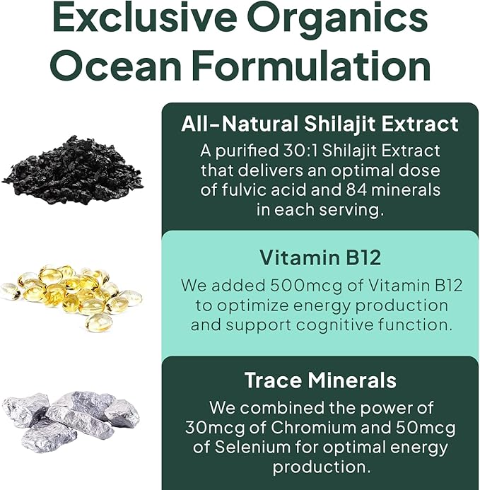 Organics Ocean Shilajit for Men and Women - Natural Supplement with Vitamin B12 Chromium and Selenium for Age-Defying Energy Hormone Support and More - 60 Shilajit Gummies