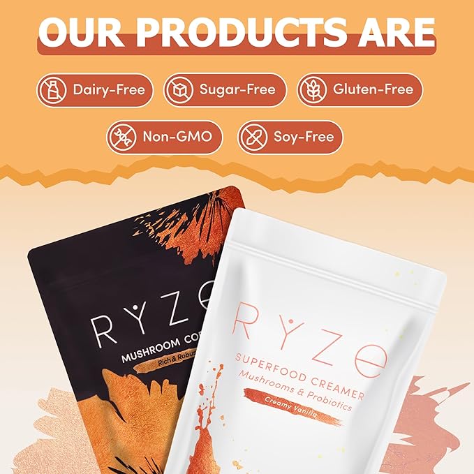 RYZE SUPERFOODS Dark Roast RYZE n Shine Bundle Instant Mushroom Coffee + Probiotic Coffee Creamer with 6 Adaptogenic Mushrooms Prebiotic+Probiotic Blends Energy Focus Digestion Immunity 30 sv each