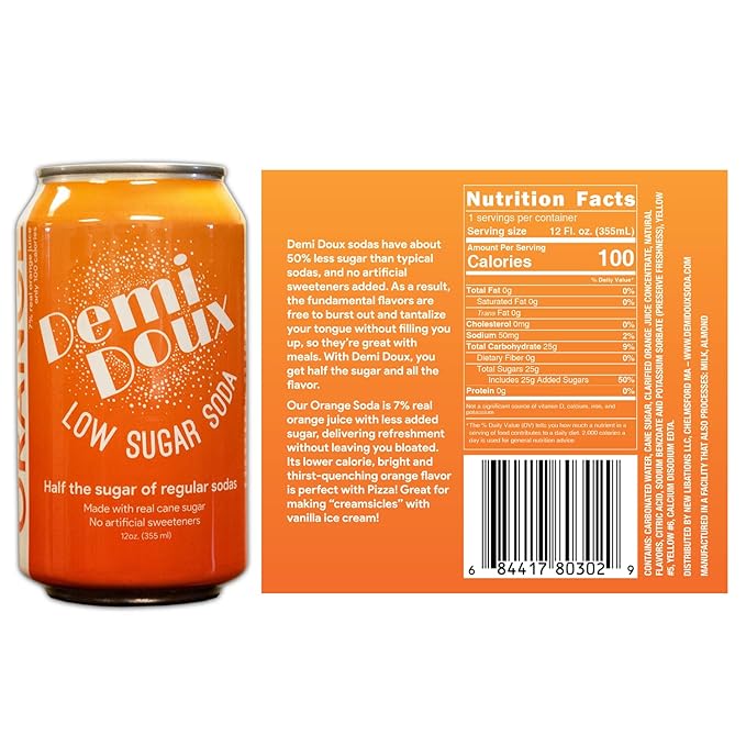 Demi Doux Low Sugar Soda - Low Sugar Soft Drink No Artificial Sweeteners (Orange 16-pack)