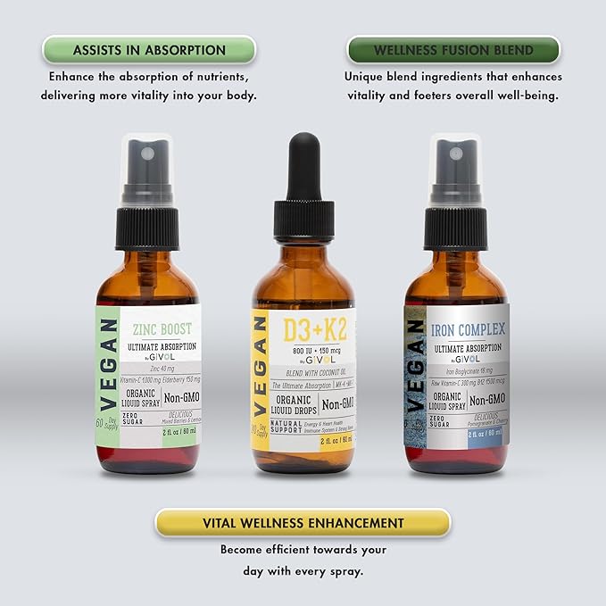Bone Support Bundle Liquid Spray - Iron Bisglycinate Complex Zinc Picolinate Vitamin D3 &amp K2 - Complete Multivitamin - Plant- Based Non-GMO Gluten Free Sugar Free 2 Fl Oz (360 Days Supply)