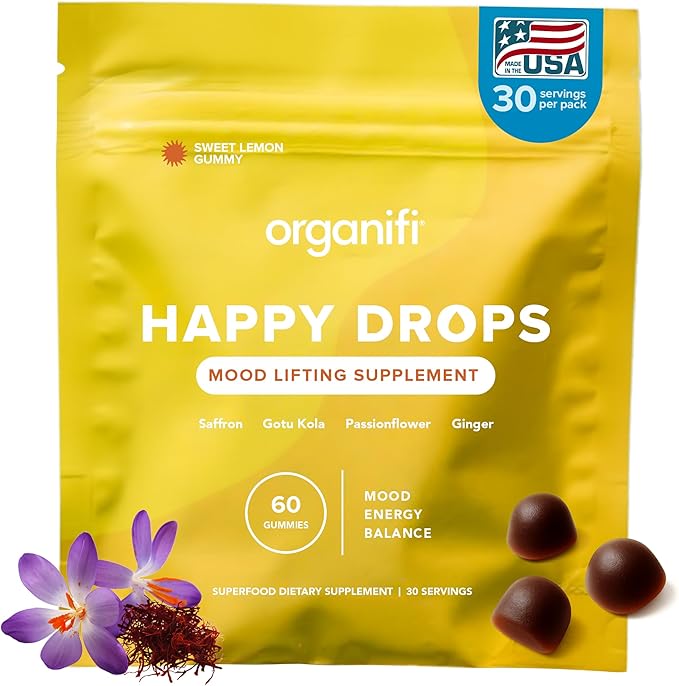 Organifi Happy Drops - Daily Superfood Happy Gummies for Adults - Mood Support Supplement for Balance Bliss Energy and Taking the Edge Off - Sweet Lemon Flavor - 60 Gummies