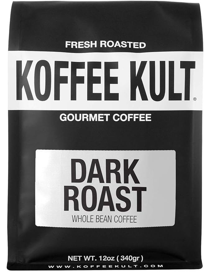 Koffee Kult Dark Roast Coffee Beans - Rich &amp Bold with Chocolate &amp Cinnamon Notes Smooth Finish 100% Arabica Ethically Sourced Resealable 12oz package