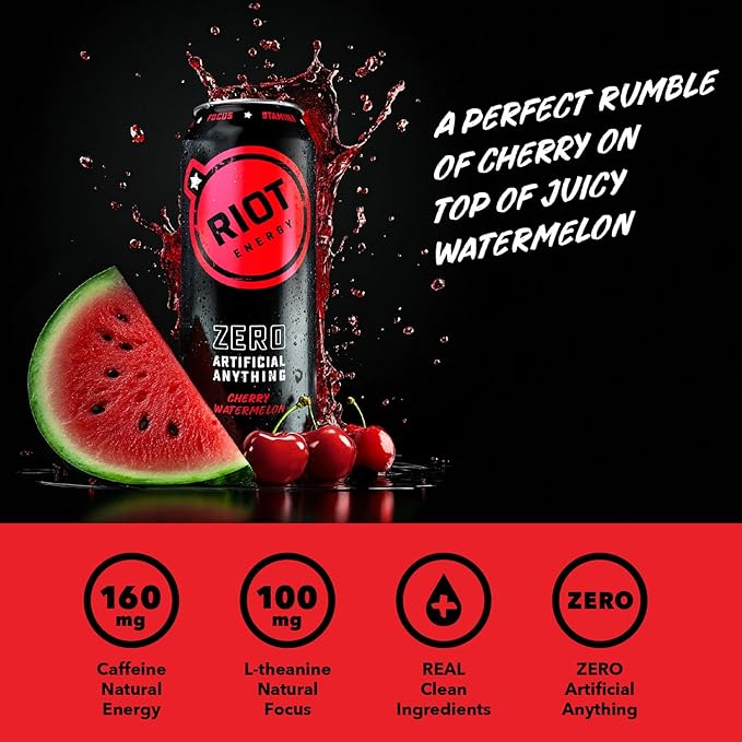 RIOT Clean Energy Drink – Cherry Watermelon | No Sucralose No Sugar Added No Artificial Flavors | 160mg Natural Caffeine + 100mg L-Theanine | Clean Focus &amp Smooth Energy | 16 Fl Oz (Pack of 12)