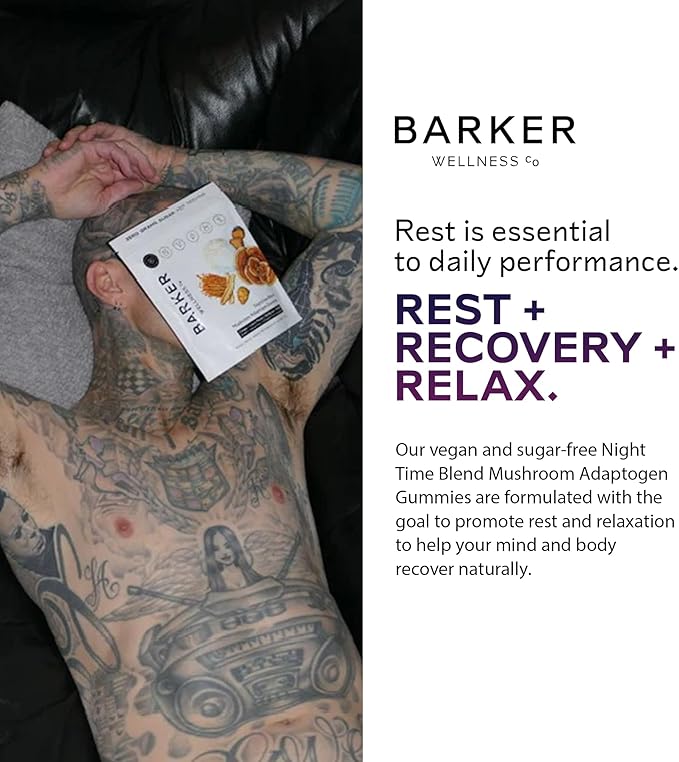 Barker Wellness Nighttime Vegan Sugar-Free Adaptogen Mushroom Gummies – Reishi Lion's Mane Chaga Cordyceps for Calm Rest &amp Recovery – Non-GMO Sleep Support &amp Relaxation Supplement 60 Coun