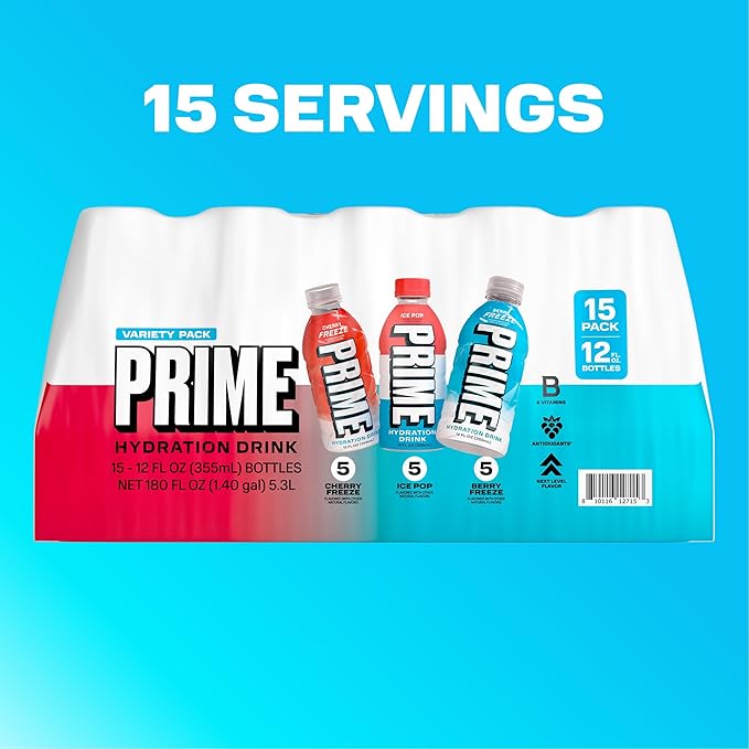 PRIME HYDRATION Berry Freeze Cherry Freeze &amp Ice Pop Sports Drinks 12 Fl Oz 15 Variety Pack &amp PRIME 32 oz Blue Squeeze Sports Water Bottles 12 Pack Bundle