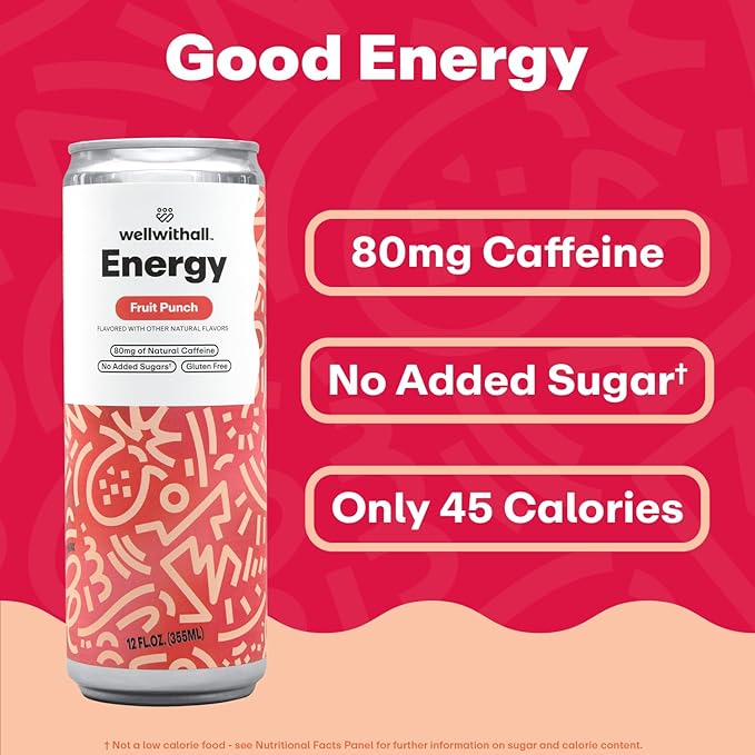 WellWithAll Fruit Punch Energy Drink – Caffeine from Tea – With Vitamin C – Lightly Sparkling Beverage – Fruit &amp Veggie Juice Blend – 12 Oz (Pack of 12)