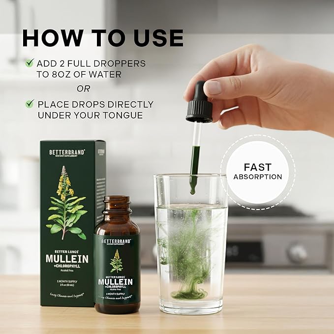 Betterbrand Mullein Drops for Lung Detox - Mullein Leaf Tincture with Chlorophyll - Helps Support Respiratory Health Alcohol-Free 1 Month Supply - 60ml