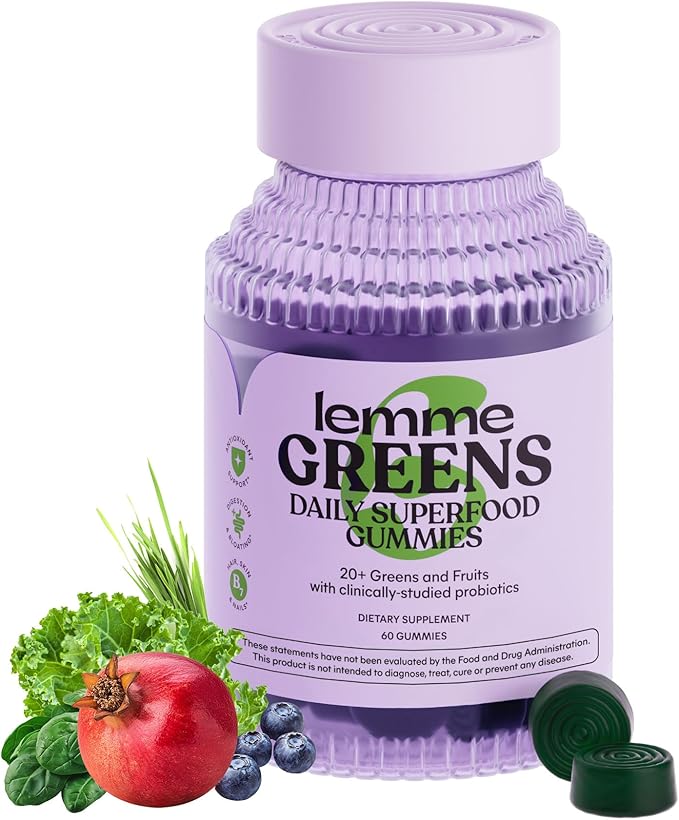 Lemme Greens Superfood Gummies w/Multi - Support Gut Health &amp Reduce Bloating 20+ Organic Greens and Superfruits Clinically Studied Probiotics D3 B12 - Berries &amp Greens Flavored (60 Count)