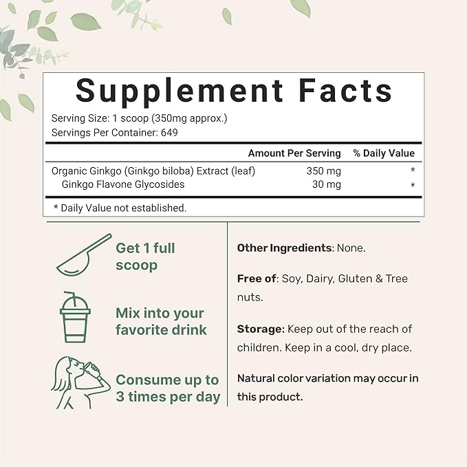 Micro Ingredients Organic Ginkgo Biloba Extract Powder 8oz | Naturally Occurring Ginkgo Flavone Glycosides | Herbal Supplements for Women &amp Men | Non-GMO Vegan Friendly