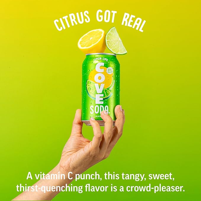 Cove Probiotic Soda Soft Drinks with Zero Sugar – Refreshing Functional Soda Alternative with Probiotics &amp Vitamin C – Naturally Flavored Caffeine-Free Sparkling Beverage - Lemon Lime 12 Pack