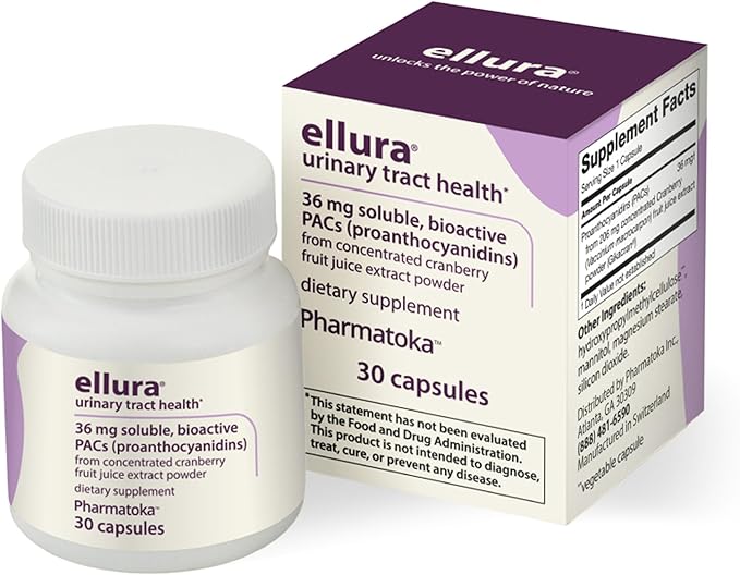 ellura 36 mg Clinically Backed Soluble Bioactive PACs – 100% Concentrated Cranberry Fruit Juice Extract for Urinary Tract Health 30 Capsules