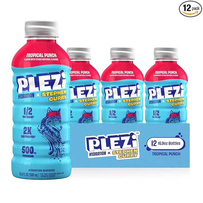 PLEZi Tropical Punch Hydration Drink x Stephen Curry - Sports Drinks with 2X Electrolytes - 500mg Potassium Low Sugar No Added Sugar - For Kids &amp Adults - 16.9 Fl Oz (12 Pack)