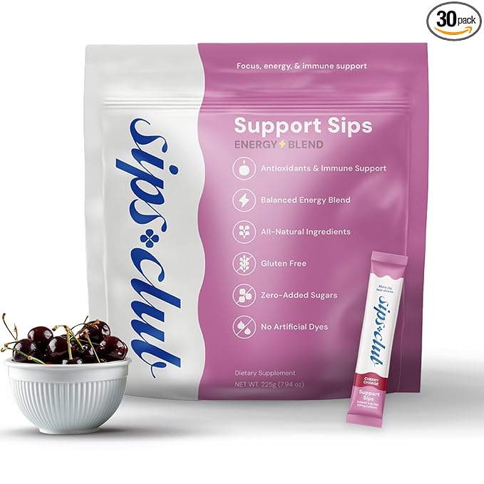 Sips Club Support Sip with Caffeine and L-Theanine Blend - Healthy Drink Mix Powder Packets for Immune &amp Digestive Health - All Natural Ingredients No Added Sugar or Dyes - Cherry Charge (30 Pack