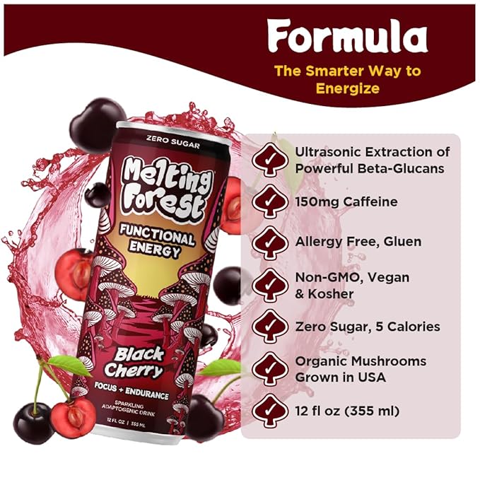 Melting Forest Mushroom Energy Drink Cordyceps &amp Lion's Mane 150mg of Caffeine Energy &amp Focus Cognitive Function &amp Mental Clarity Black Cherry (12 Pack)