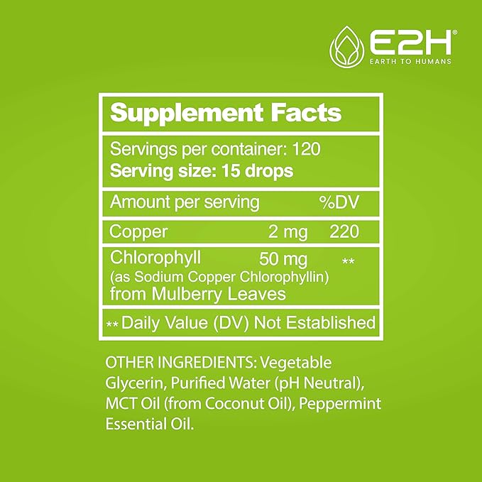 E2H Chlorophyll Liquid Drops - Natural Energy Booster Immune System Support and Internal Deodorant - Peppermint Flavor - (3 Bottles)