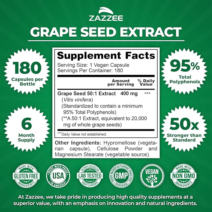 Zazzee High Strength Grape Seed 50:1 Extract 180 Vegan Capsules 95% Polyphenols 400 mg per Capsule 6 Month Supply Antioxidant Circulation &amp Blood Flow Support Non-GMO Made in the USA