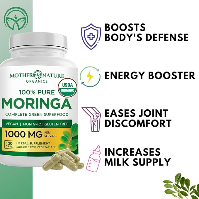 USDA Organic Moringa Capsules – Single-Origin Leaf Powder for Natural Energy Joint Comfort &amp Daily Wellness – Vegan Non-GMO 120ct – Clean Green Superfood Supplement No Fillers 3rd-Party Teste