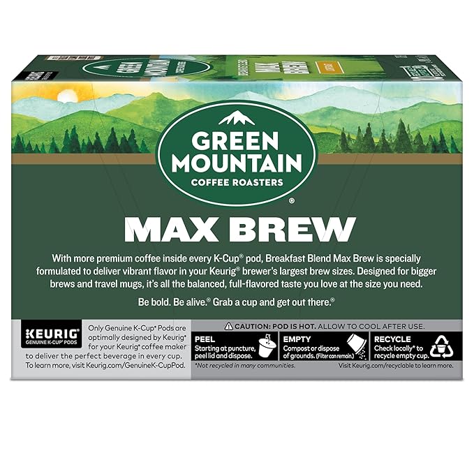 Green Mountain Coffee Roasters Breakfast Blend Max Brew Single Serve Keurig K-Cup Pods Light Roast Coffee 60-Count Box (6 Packs of 10)
