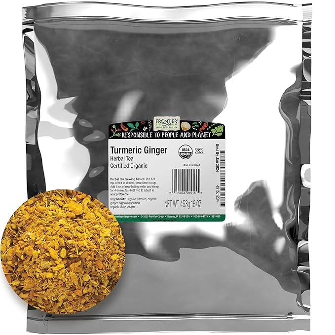 Frontier Co-op Organic Turmeric Ginger Blend 1lb Bulk Bag – Warming Tea Blend for Turmeric Ginger Tea Smoothies Cooking and Health Remedies Kosher