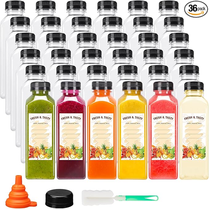 BAKHUK 36pcs 16oz Empty Plastic Juice Bottles with Caps Reusable Clear Bulk Beverage Containers for Juice Milk Smoothie and Other Beverages