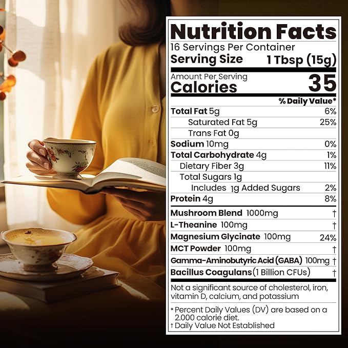 Mushroom Hot Cocoa with Magnesium Glycinate &amp L-Theanine GABA | 10-Mushroom Blend with Lion’s Mane &amp Reishi | Supports Calm Focus &amp Relaxation | Cacao Powder No Melatonin | Keto &amp Ve