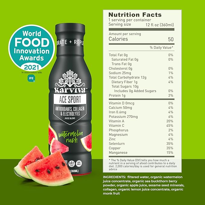 Karviva ACE Collagen Sport Juice Variety Pack - Inspired by Traditional Eastern Remedies for Healthy Joints Skin &amp Hair. Collagen Hydration Drinks with Natural Marine Collagen Electrolyte Antio