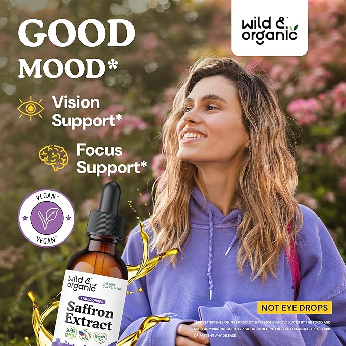 Wild &amp Organic Saffron Supplements 88.5 mg - Saffron Drops for Mood Brain Vision Support - Crocus Sativus Liquid Extract - Vegan Sugar &amp Alcohol-Free Tincture - 2 fl oz