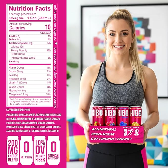 HIBO Healthy Energy Drinks Sugar Free – Gluten-Free &amp Gut-Friendly Prebiotic Fiber w/ 140mg Caffeine &amp 60mg Green Coffee Extract Electrolytes – Supports Immunity &amp Focus - Pack of 12 Che