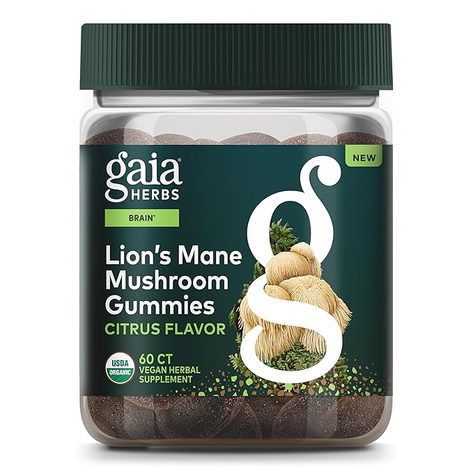 Gaia Herbs Lion's Mane Mushroom Gummies - Brain Support Supplement* - Made with Organic Lion's Mane Mushrooms - Free from Gluten Soy &amp Dairy - 60 Vegan Gummies (30 Servings)