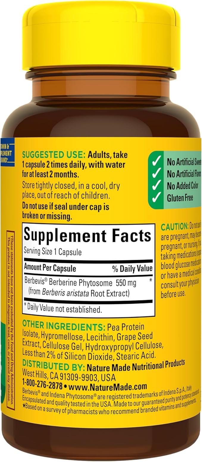 Nature Made Better Absorption Berberine Phytosome Supplement 1100mg Per 2 Capsules Daily Berberine Supplement for Cardiovascular Health Support 60 Capsules 30 Day Supply