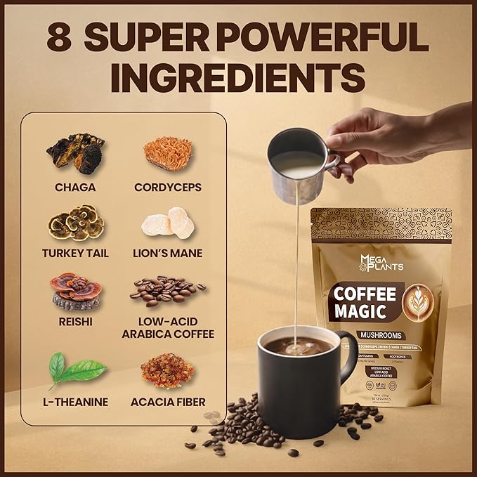 MegaPlants Mushroom Coffee Magic - Low Acid Arabica Coffee with Lion’s Mane Cordyceps Reishi Chaga &amp Turkey Tail | 2400mg Adaptogenic Mushroom Blend with L-Theanine | Smooth Energy Clarity &am
